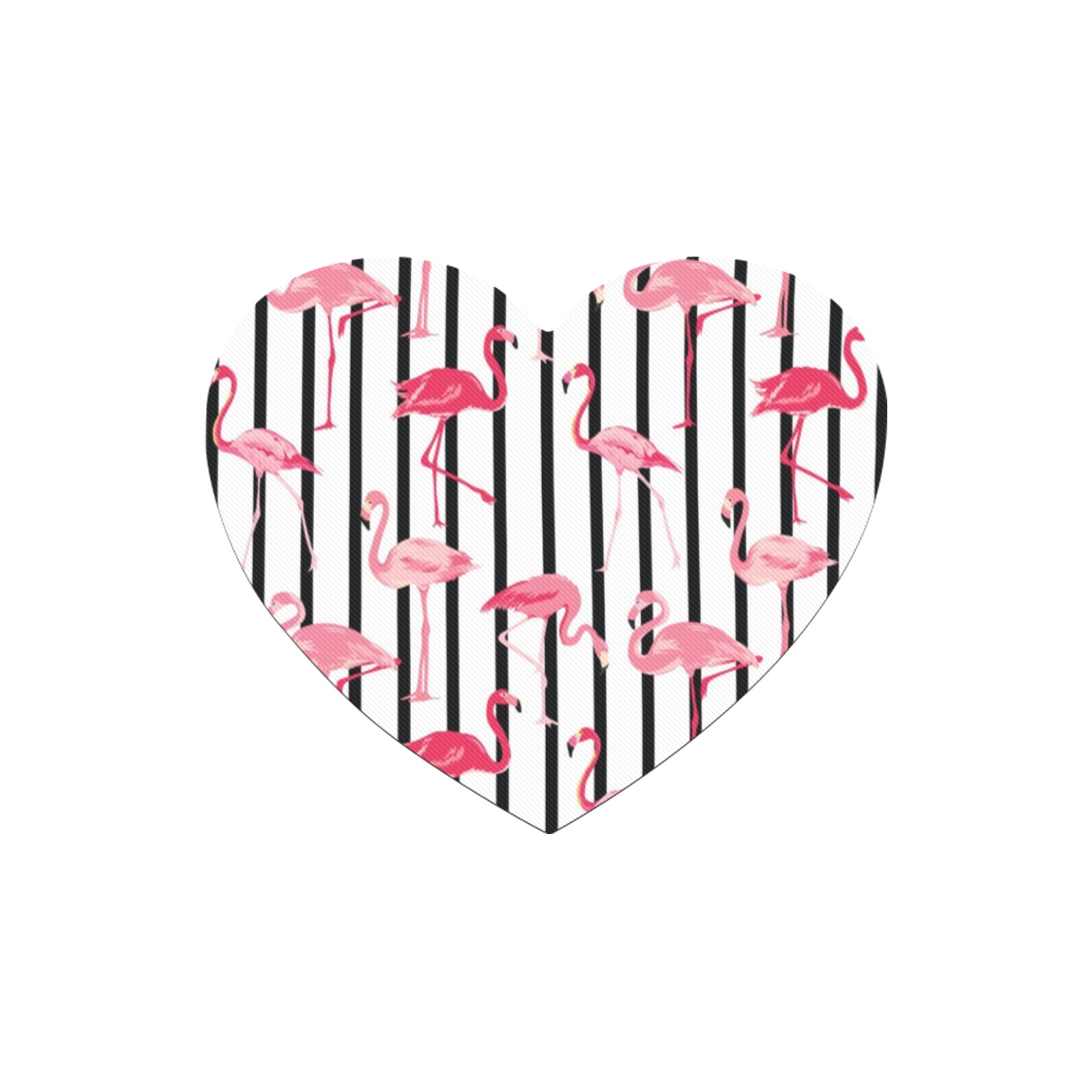 Heart-shaped mousepad with pink flamingo design on striped background, cloth cover, rubber base.