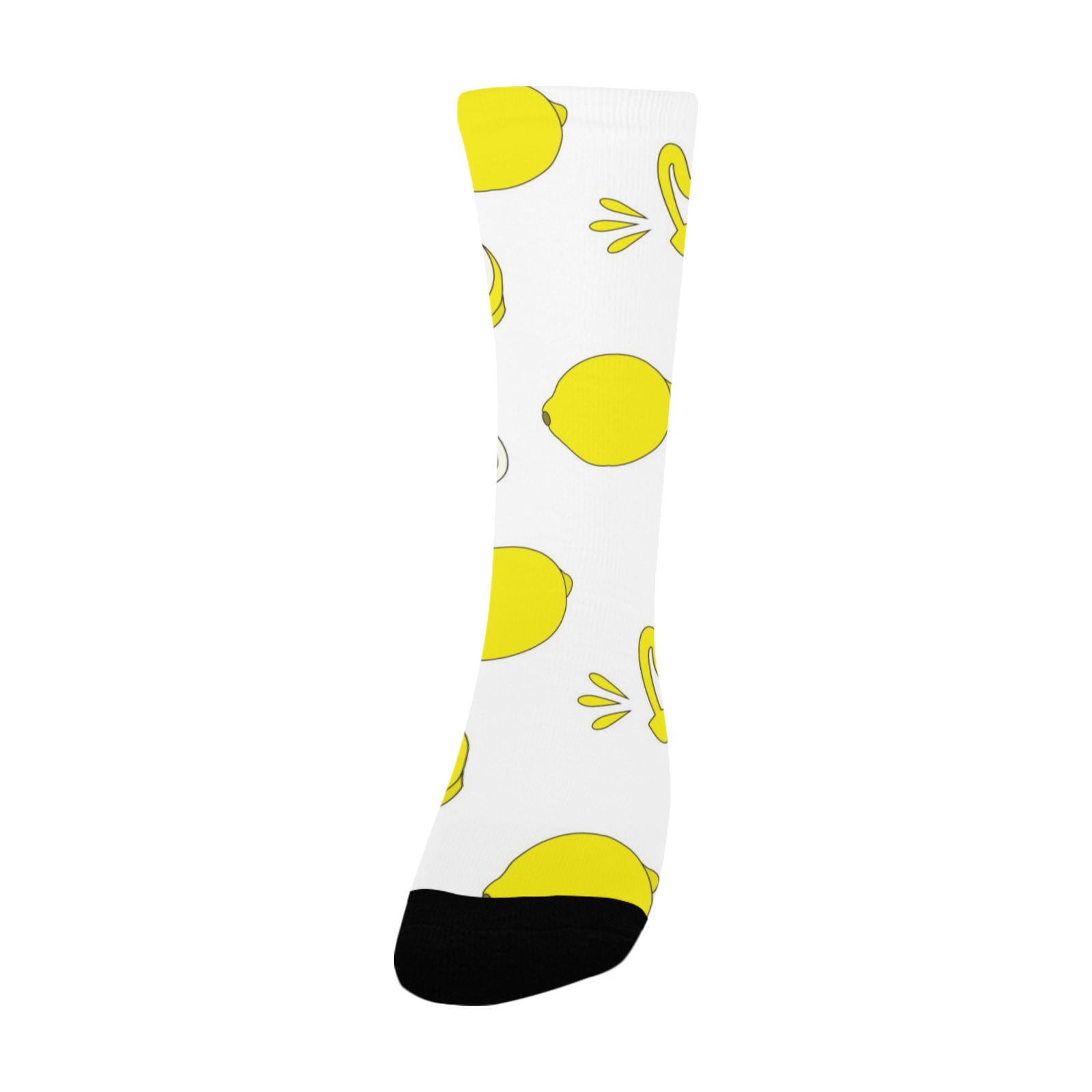 Women's custom socks with a white base and a vibrant yellow lemon pattern, polyester material, all-over printing.