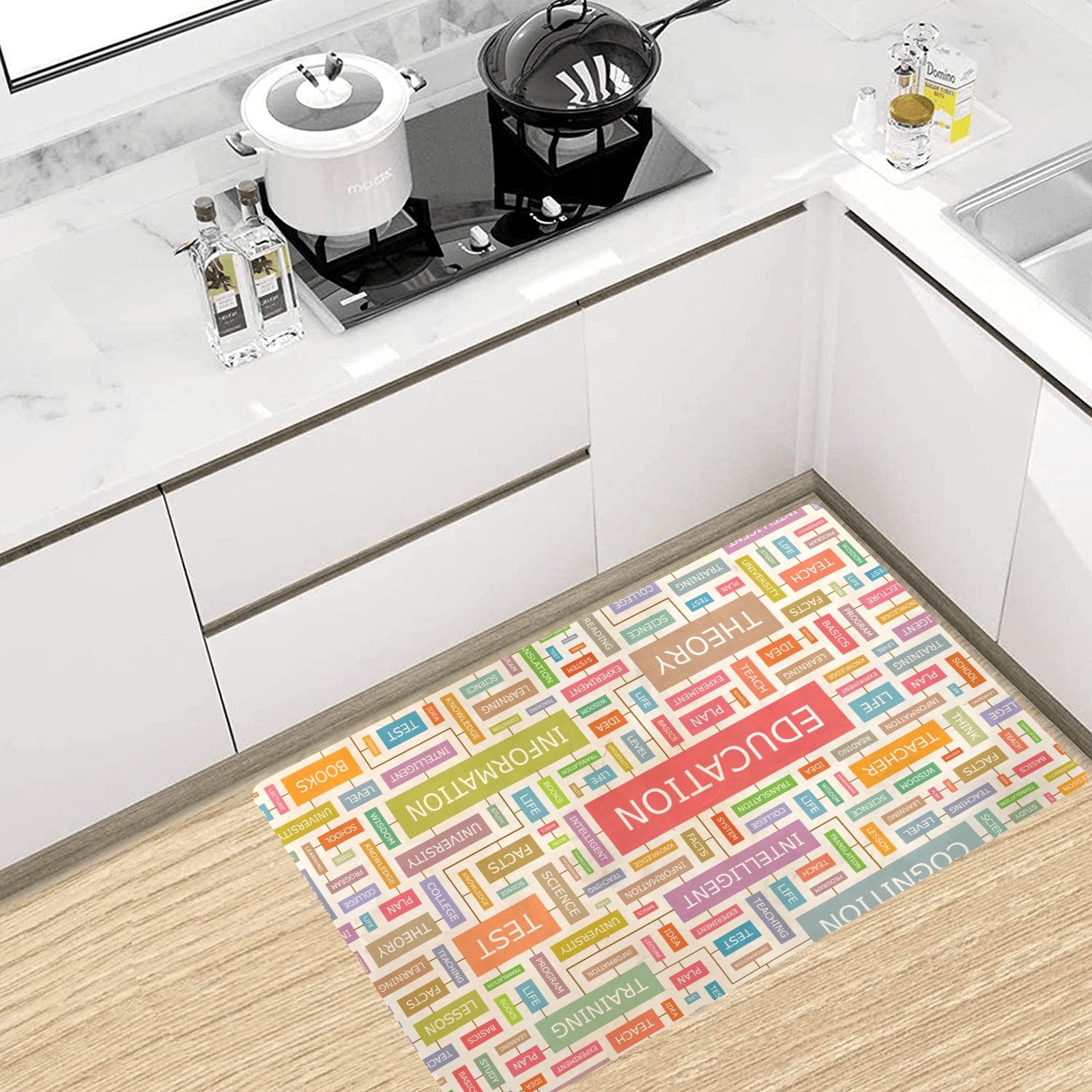 Kitchen mat 32"x20" with colorful text design, non-slip and absorbent, Made In Queen for kitchen decor.