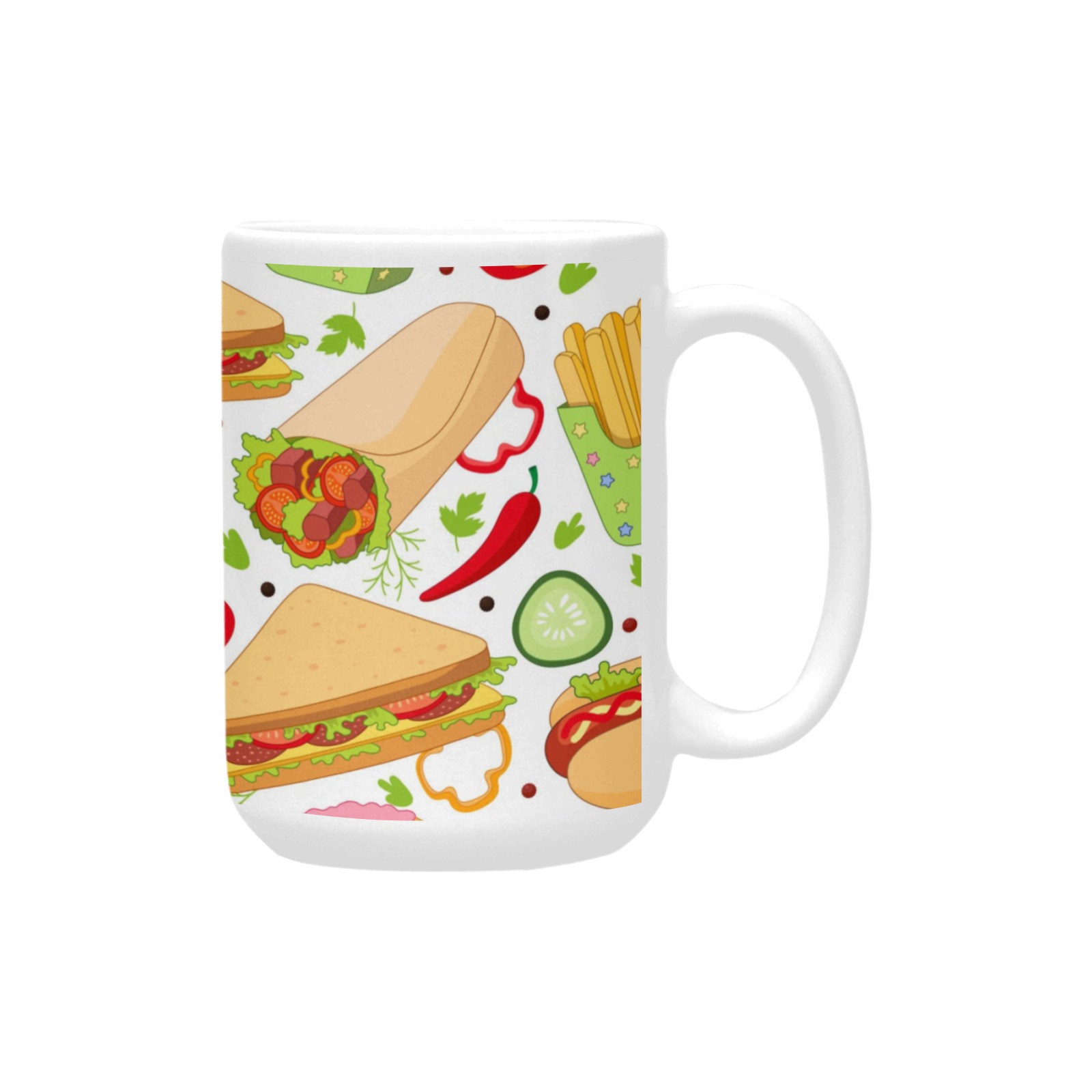 15 OZ Ceramic Mug with colorful food pattern, perfect for coffee or tea. Made in USA.