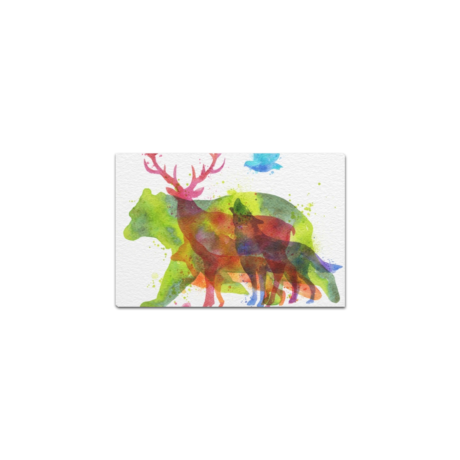 USA made Canvas Print featuring a vibrant bear, deer and wolf artistic design, perfect for home decor, framed 12x8 inch