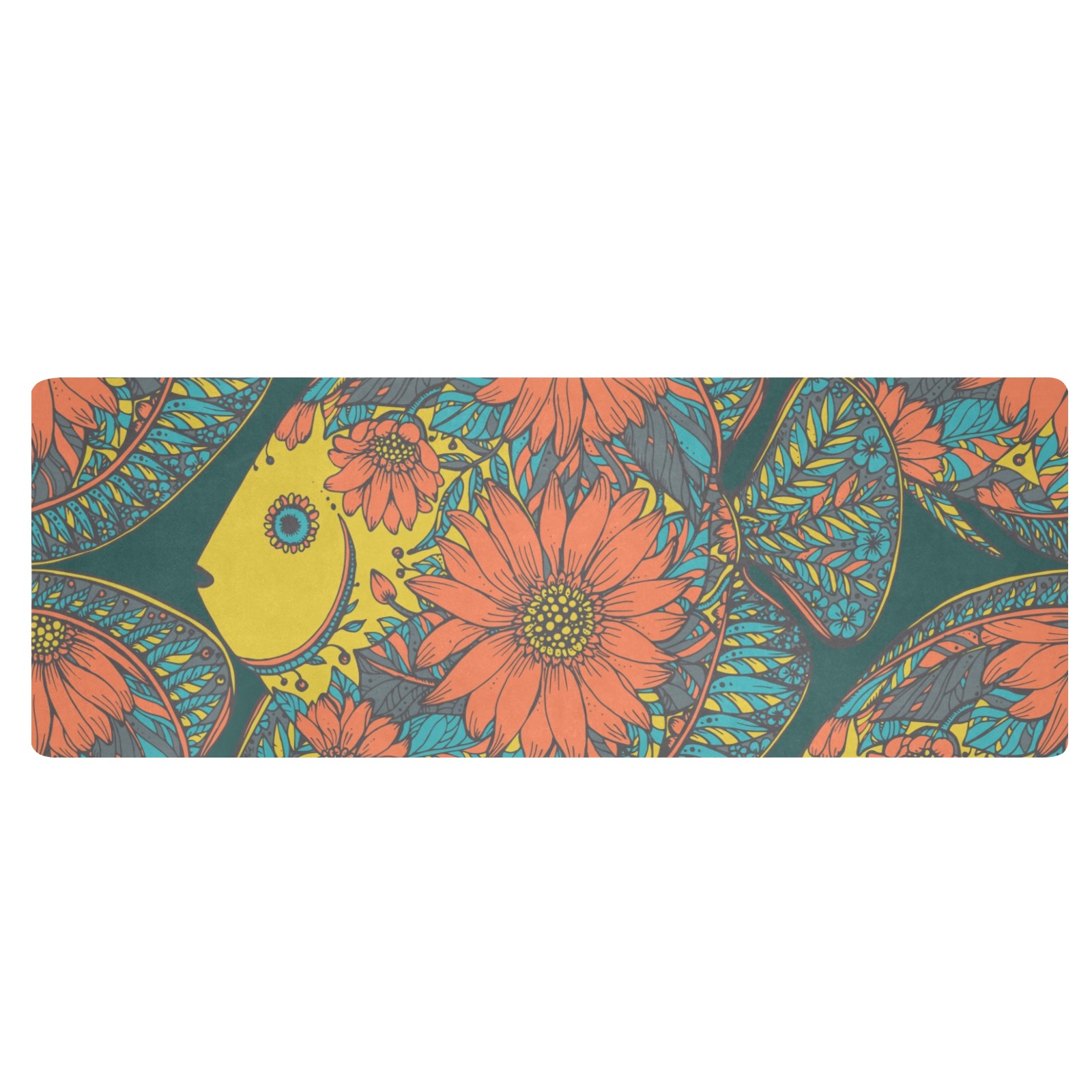 Floral kitchen mat 48"x17" with fish design, non-slip, for kitchen decor.