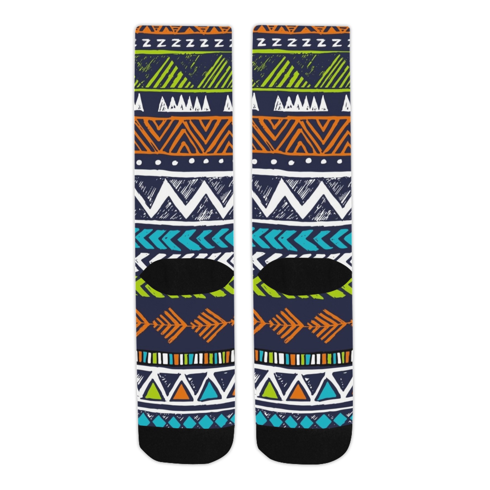 Men's custom socks with geometric patterns made in USA, featuring various colors.