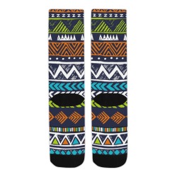 Men's custom socks with geometric patterns made in USA, featuring various colors.