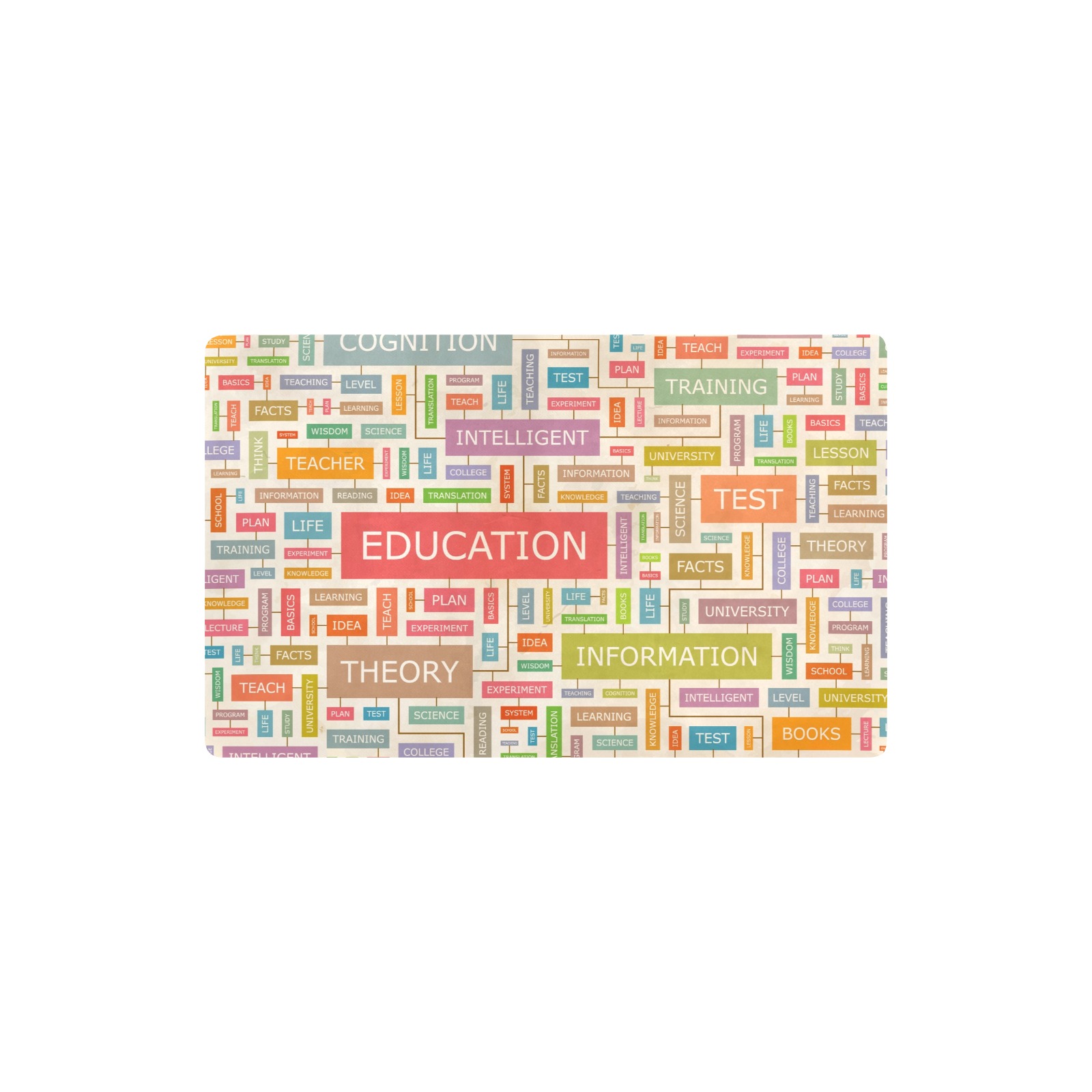 Colorful kitchen mat with education-themed design and text blocks, non-slip and absorbent, 32x20 inch
