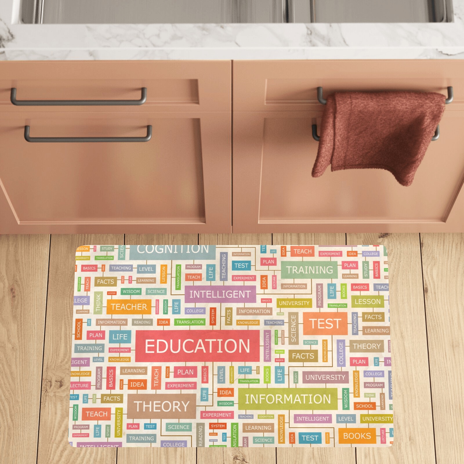 Colorful kitchen mat with education-themed design, non-slip and absorbent, for kitchen decor, 32"x20"