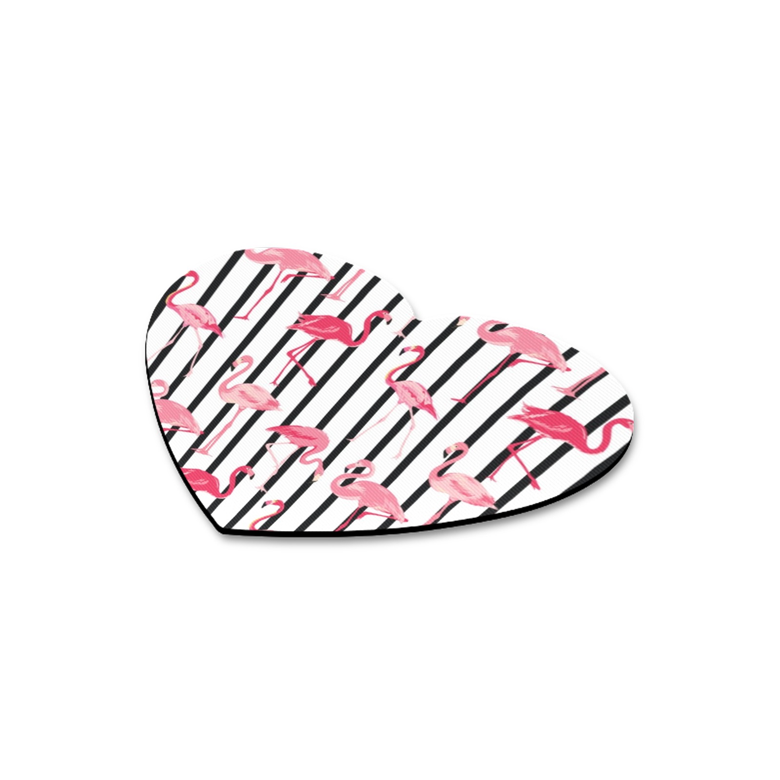 Heart-shaped mousepad with flamingo pattern on striped background, cloth cover, rubber base, made in USA.