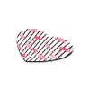 Heart-shaped mousepad with flamingo pattern on striped background, cloth cover, rubber base, made in USA.