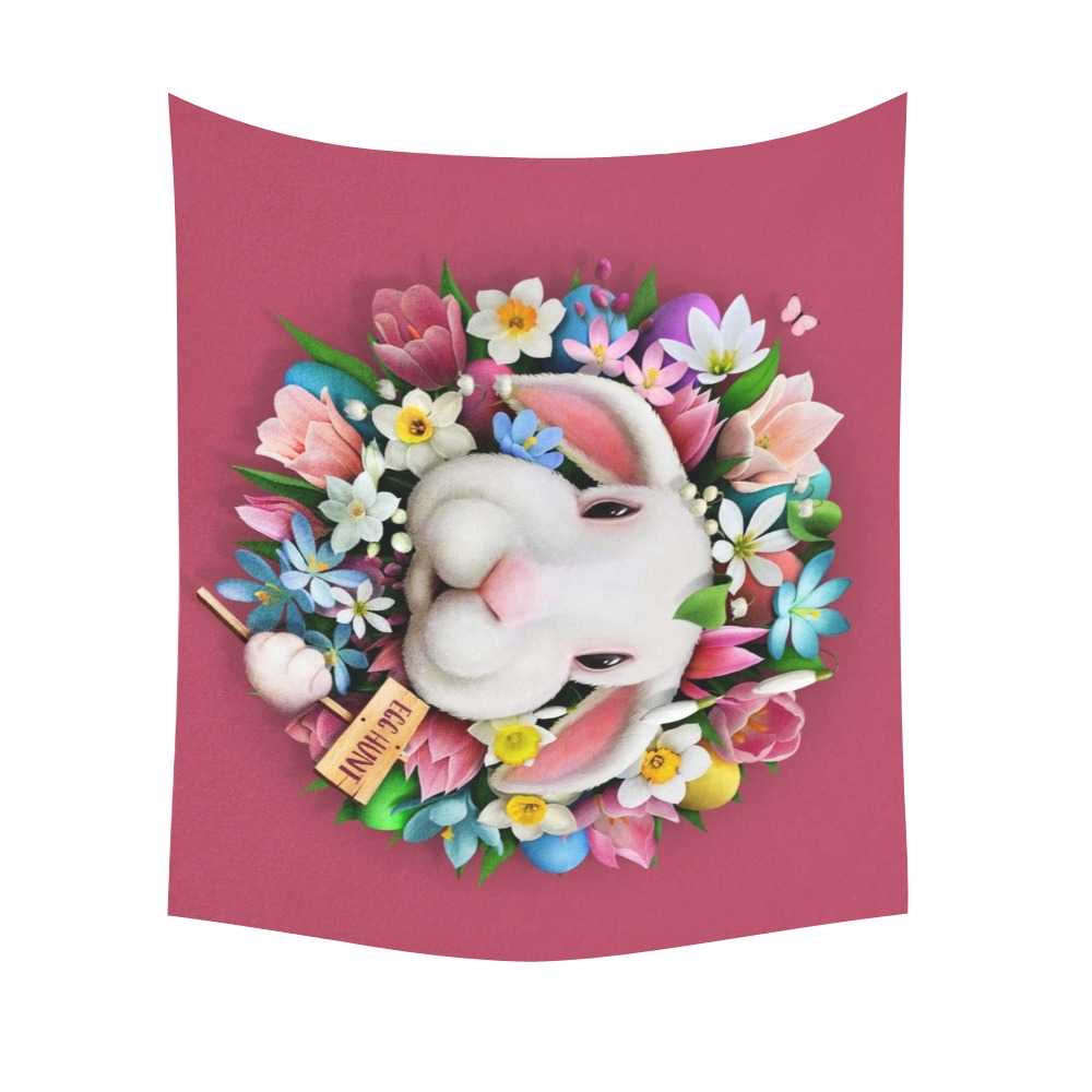 Peach skin tapestry featuring a bunny with floral wreath, 60x51 inch wall decor