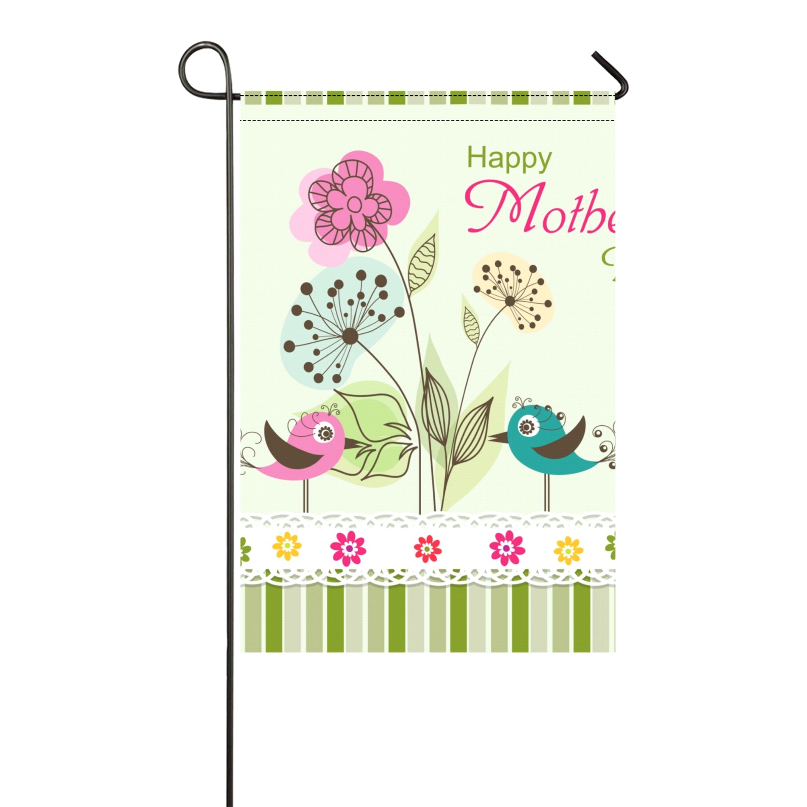 Garden flag with Happy Walls text and colorful floral design, perfect for outdoor decor, made in USA.