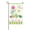 Garden flag with Happy Walls text and colorful floral design, perfect for outdoor decor, made in USA.