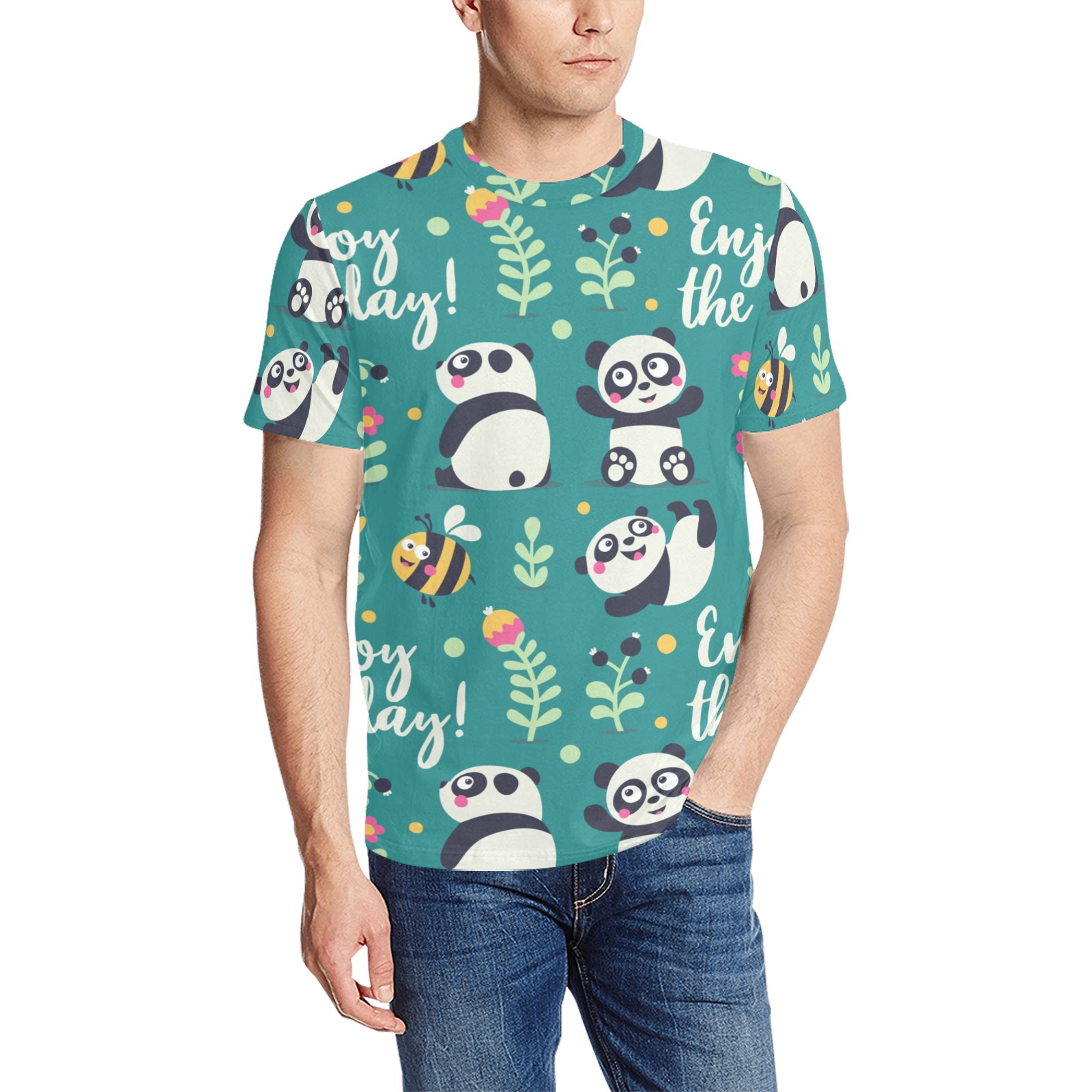 Men's All Over Print T-shirt featuring a playful panda pattern and the text 'Eat, Sleep, Play'.
