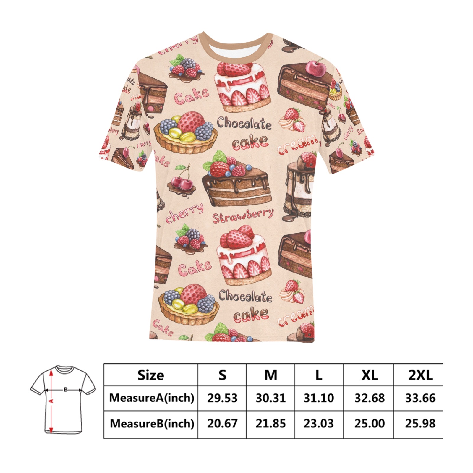 Men's All Over Print T-shirt with cake pattern, 100% polyester fabric, featuring chocolate cake design and size chart.