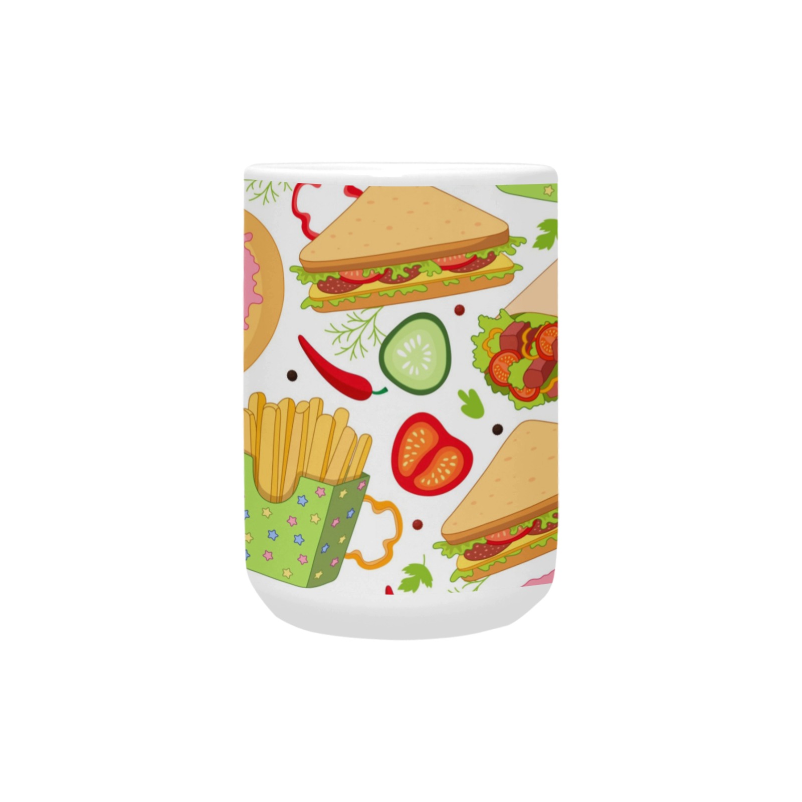 Ceramic mug featuring colorful food pattern, perfect for coffee, tea, or soup; 15 OZ capacity.