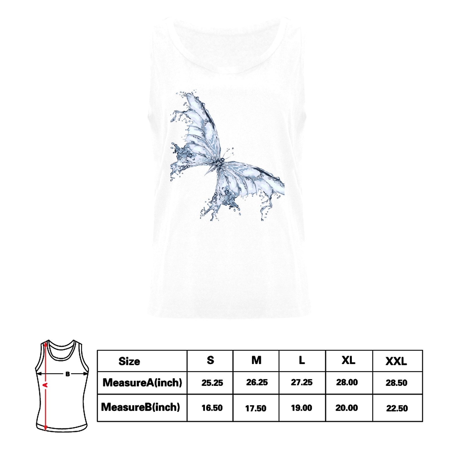 White Gildan Women's Tank Top with blue butterfly graphic, for activities