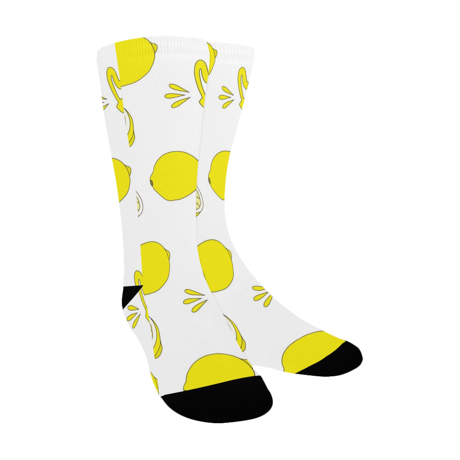 Women's custom socks with a white base and a vibrant yellow lemon pattern, polyester material, all-over printing