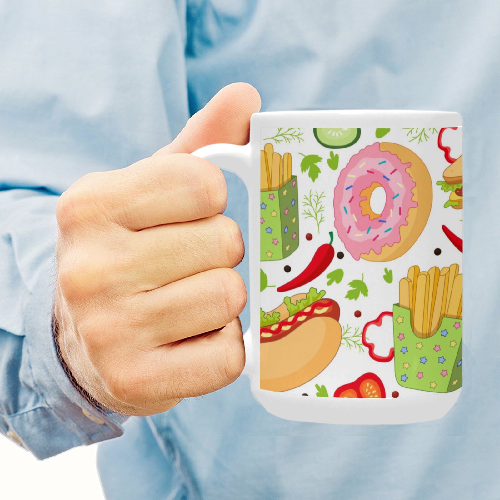 15 OZ Ceramic Mug with colorful food pattern, perfect for coffee, tea or daily use.