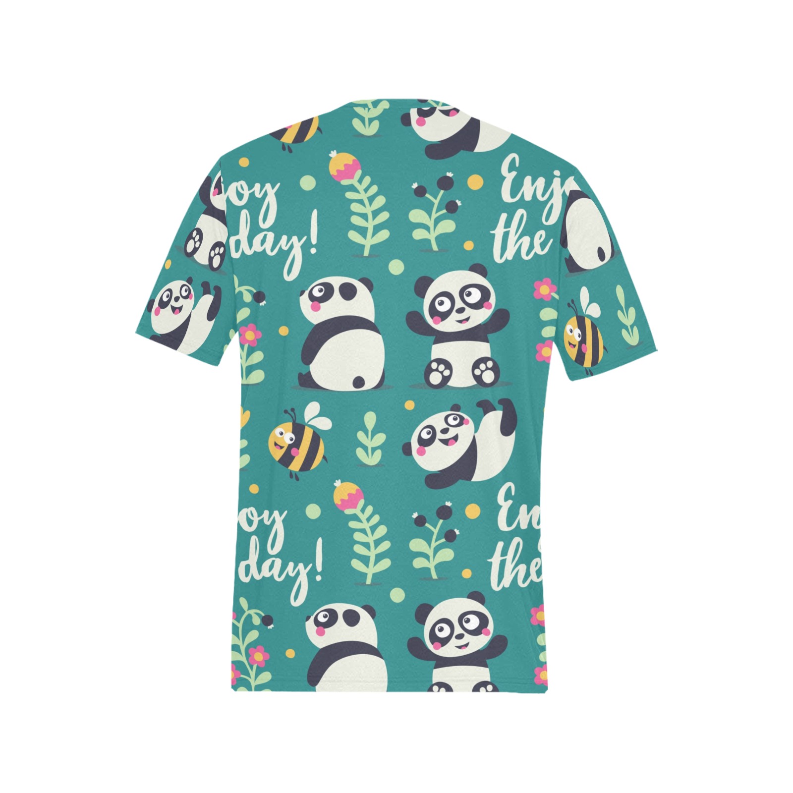 Men's All Over Print T-shirt featuring a playful panda pattern with 'Enjoy Today' text, USA design, 100% polyester.