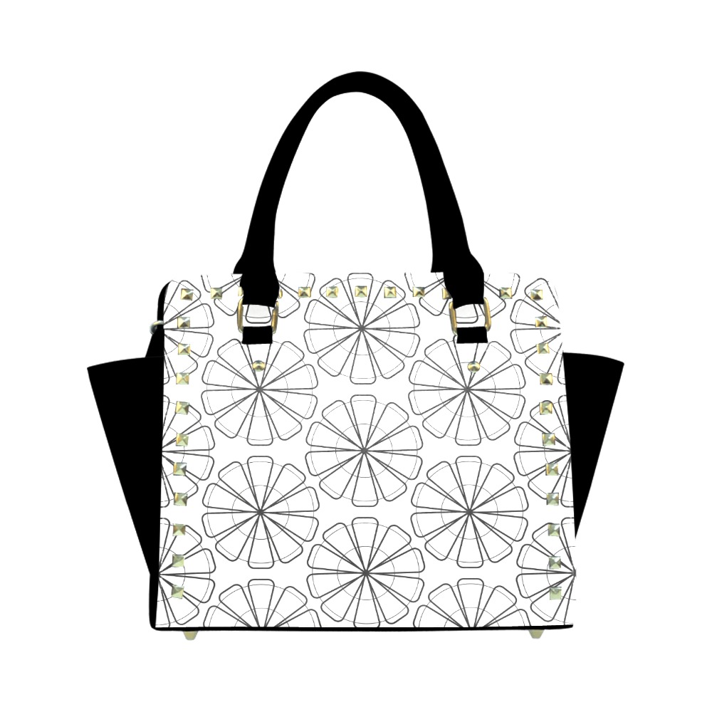 Rivet Shoulder Handbag with white floral pattern and black accents, PU leather, double handles