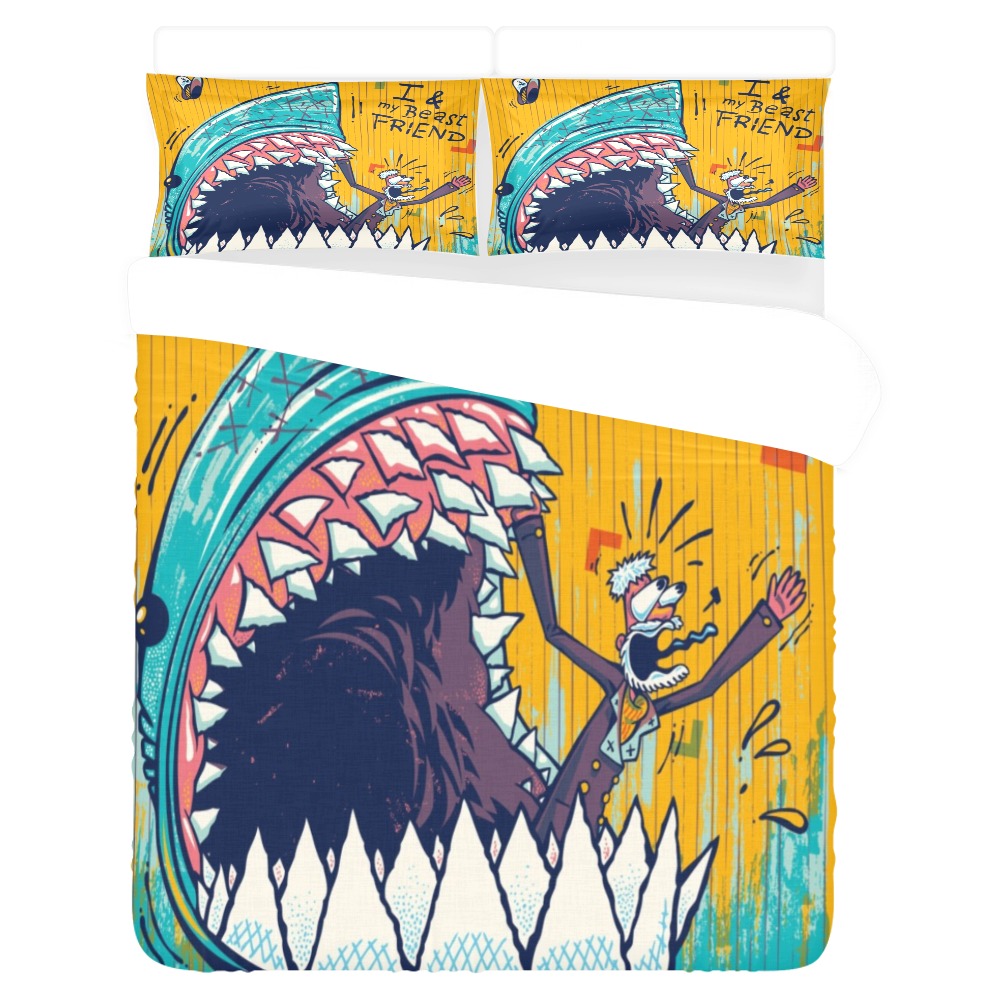 Cartoon 3-Piece Bedding Set with shark and person art, 100% polyester.