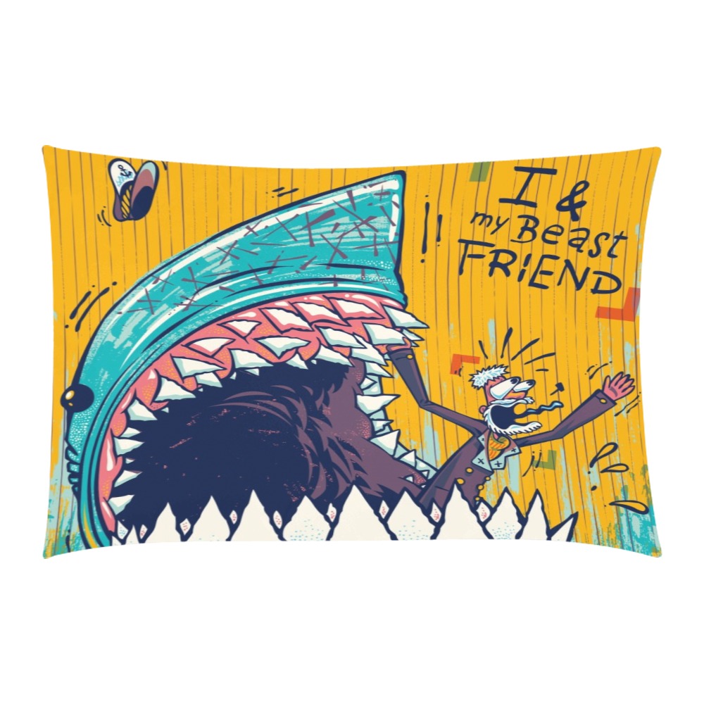 Cartoon pillowcase with a shark and a person design, text 'I am your best friend', 100% polyester.