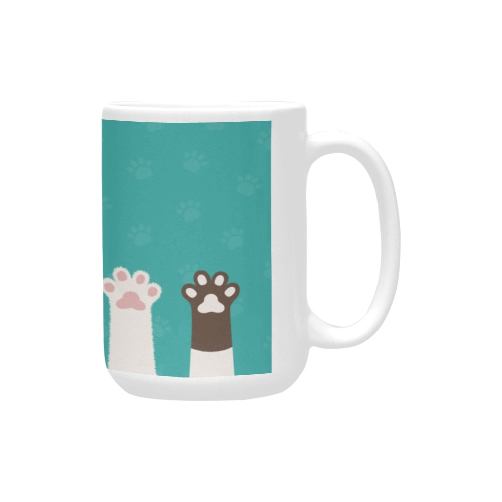 White ceramic 15 OZ mug featuring cat paw design, perfect for coffee or tea, made in USA