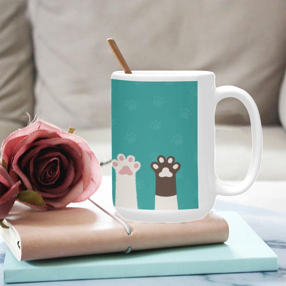 White ceramic 15 OZ mug with cat paw design, ideal for coffee or tea. Made in USA.