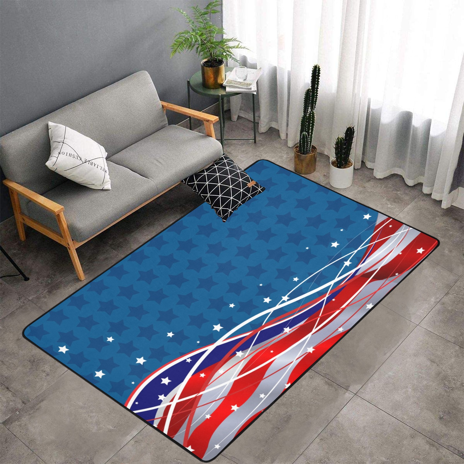 Area Rug with Black Binding featuring a blue background with a wave pattern and American flag design, perfect for living room
