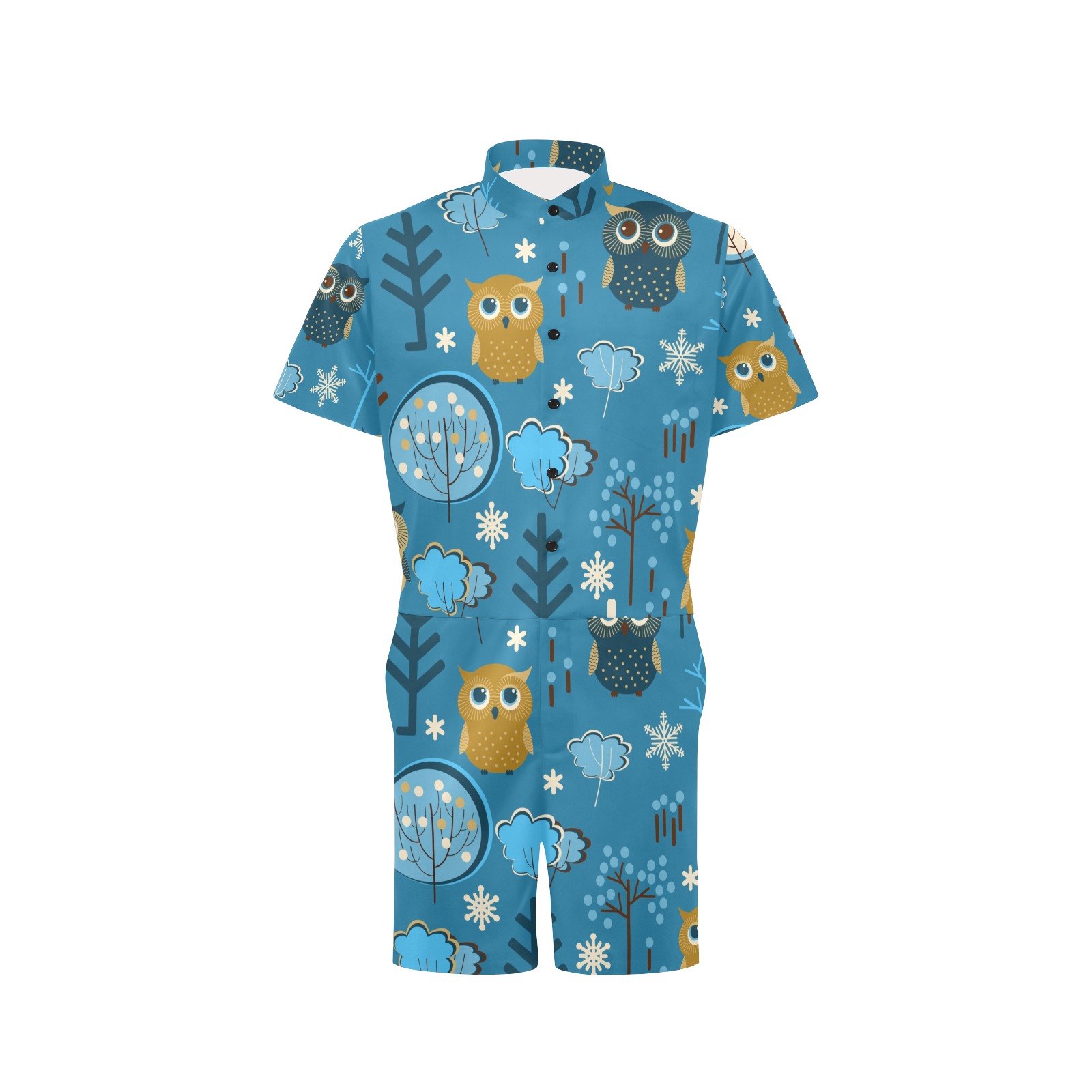 Blue Men's Short Sleeve Owl Pattern Jumpsuit in Polyester