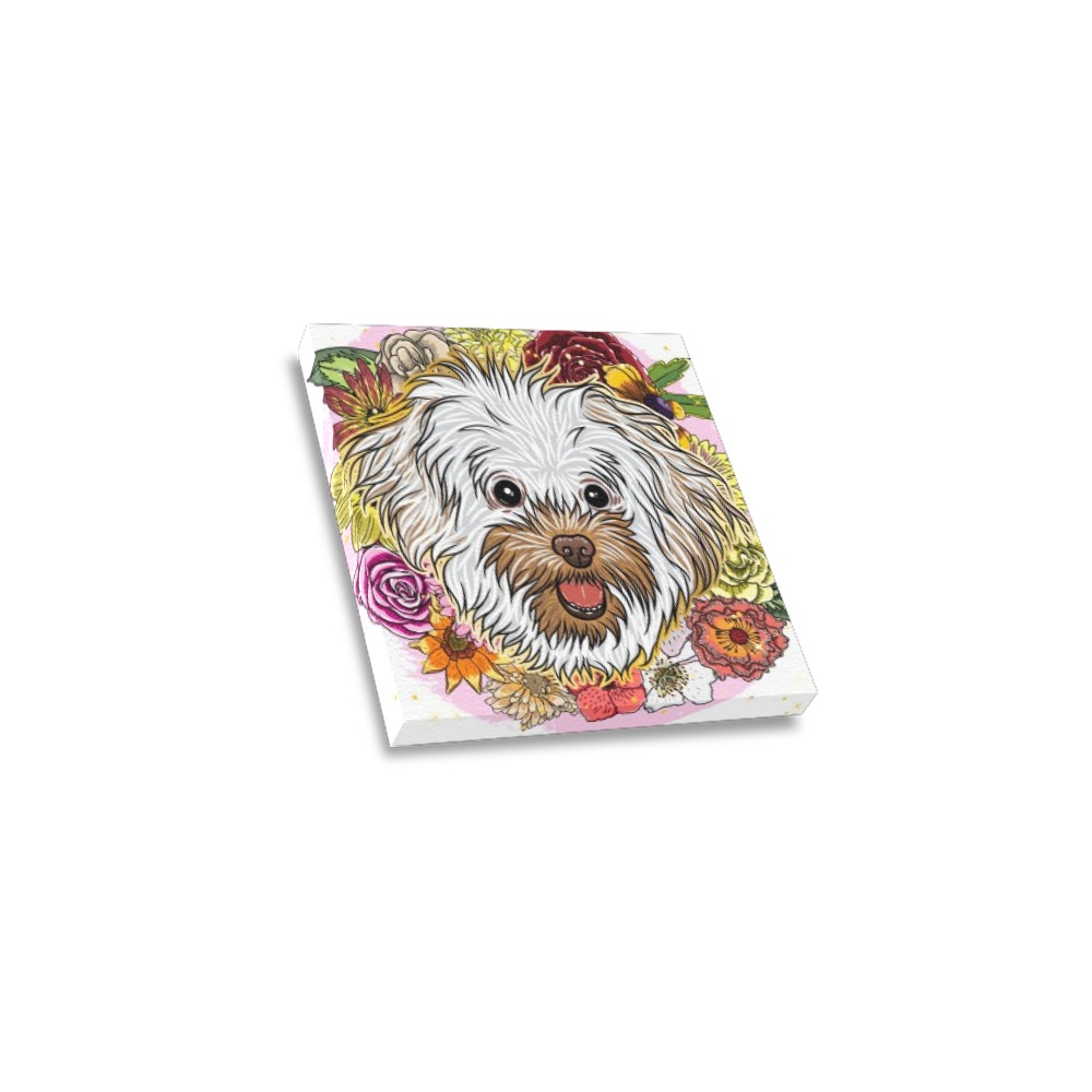 4x4 inch Dog Portrait Frame Canvas Print with floral accents, home decor