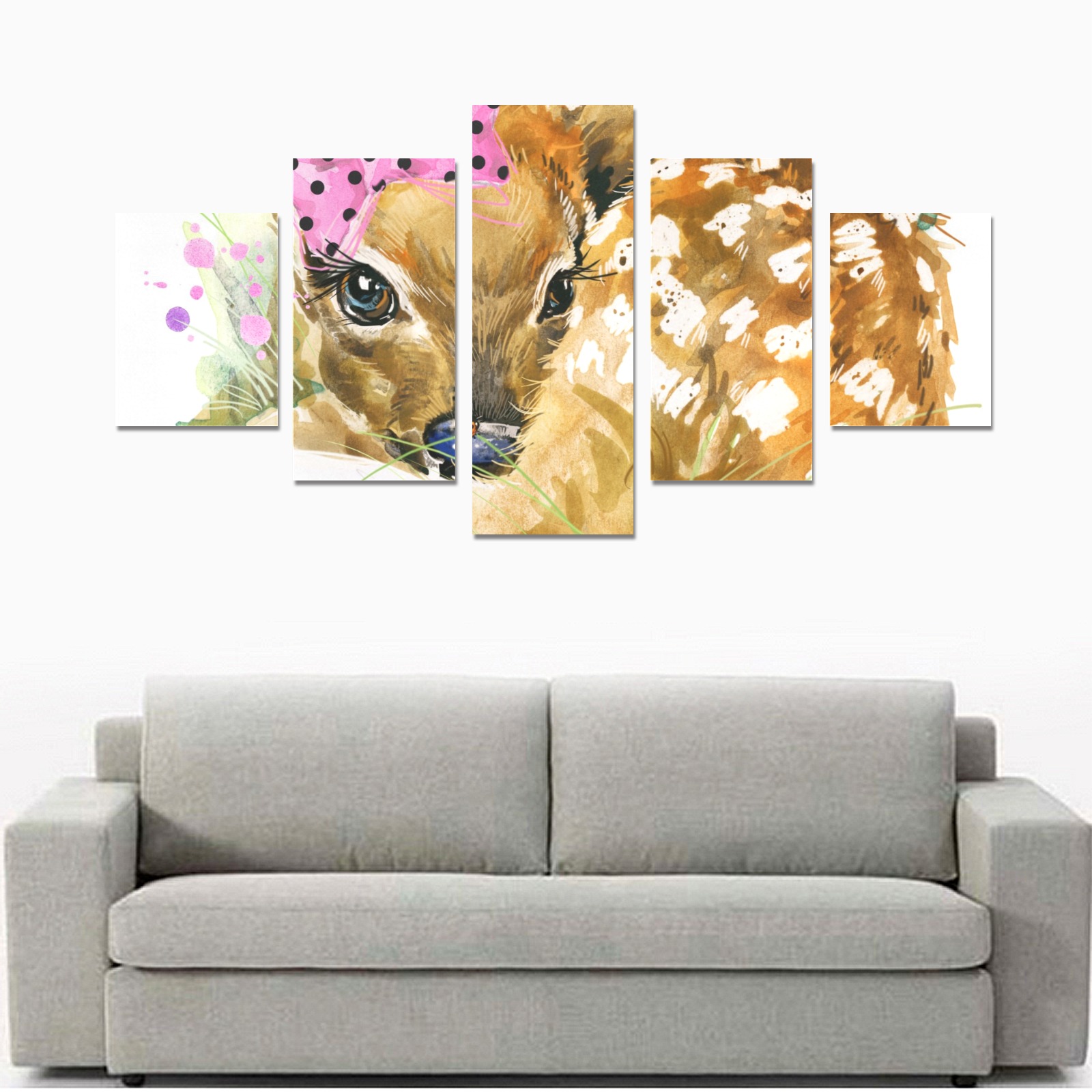 Five-piece canvas wall art print, unframed. Golden retriever design, perfect home decor for living room or bedroom.