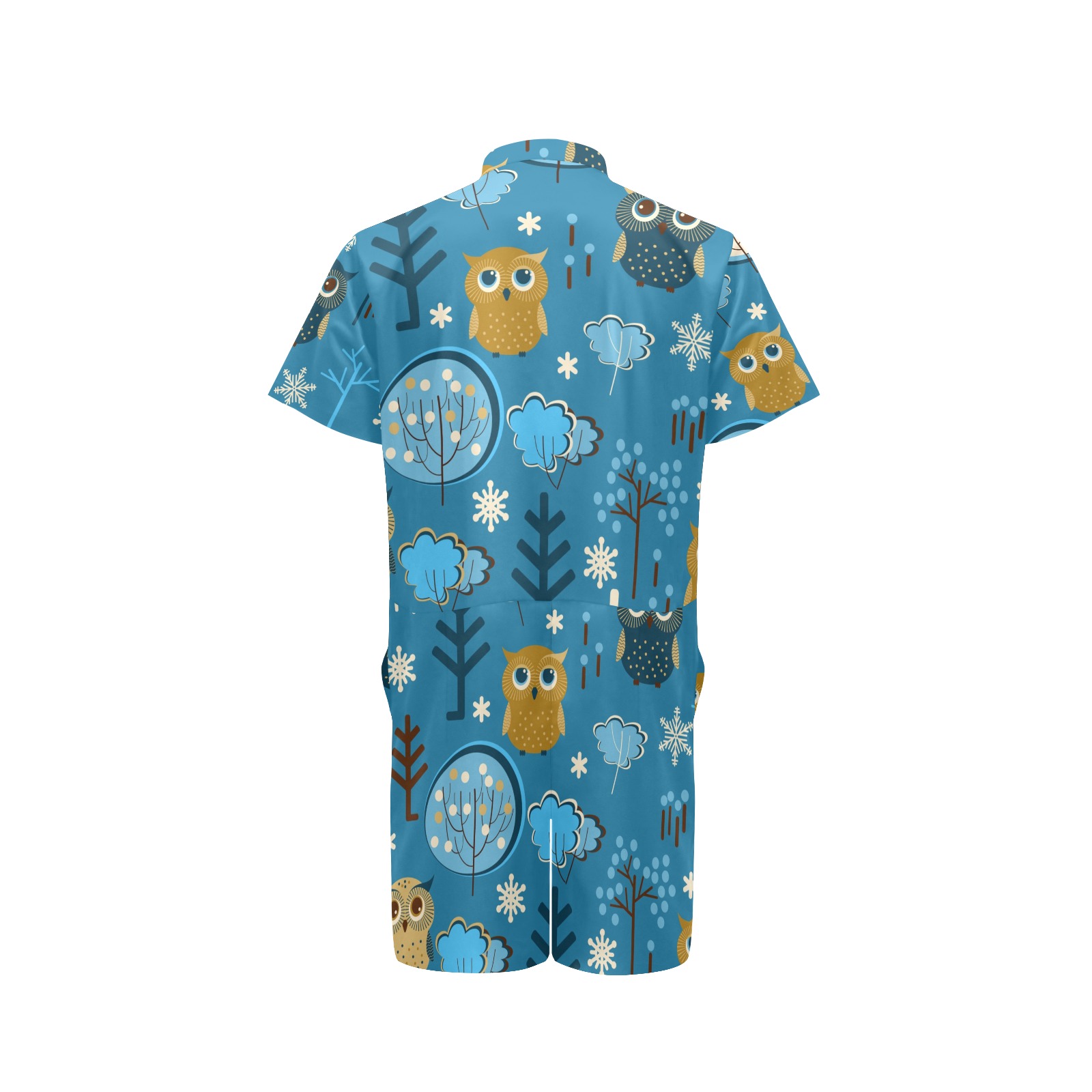 Men's short sleeve jumpsuit with owl pattern in blue polyester