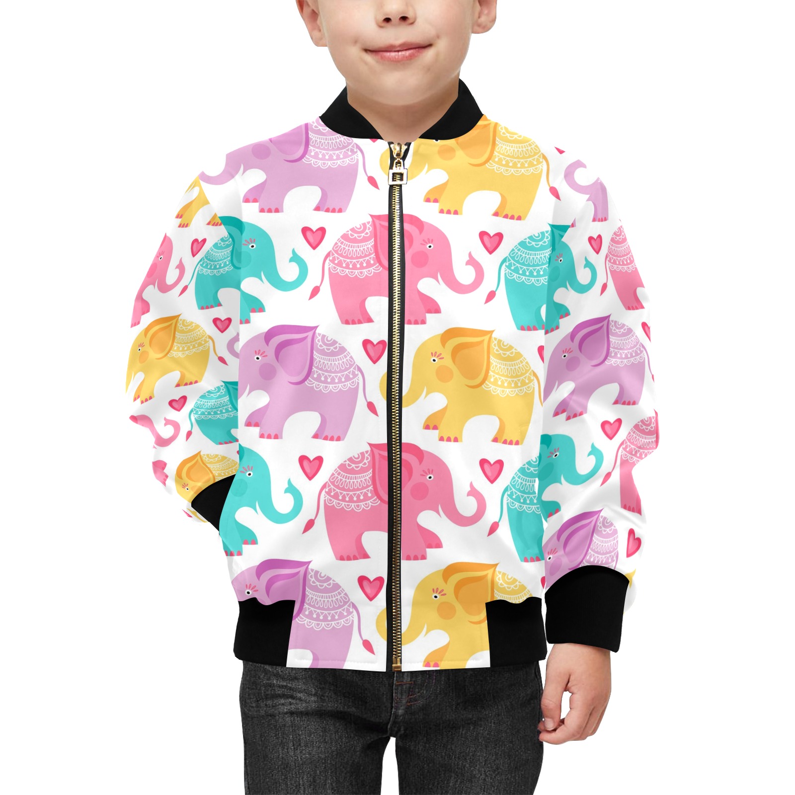 Kids' Bomber Jacket with Elephant Pattern, colorful and comfortable with zip closure and pockets.