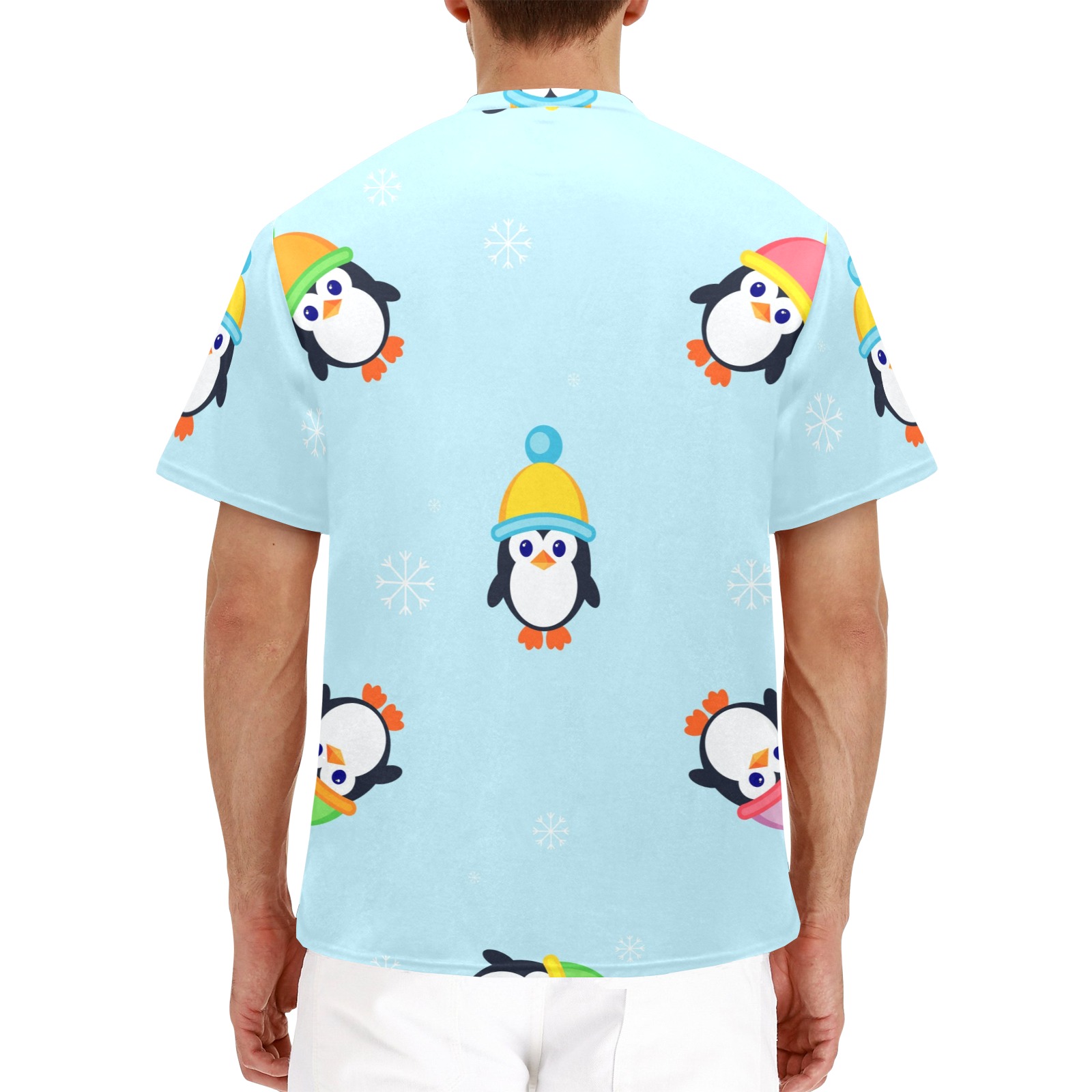 Men's Henley T-Shirt T75 with penguin pattern, made of breathable polyester fabric, back view.