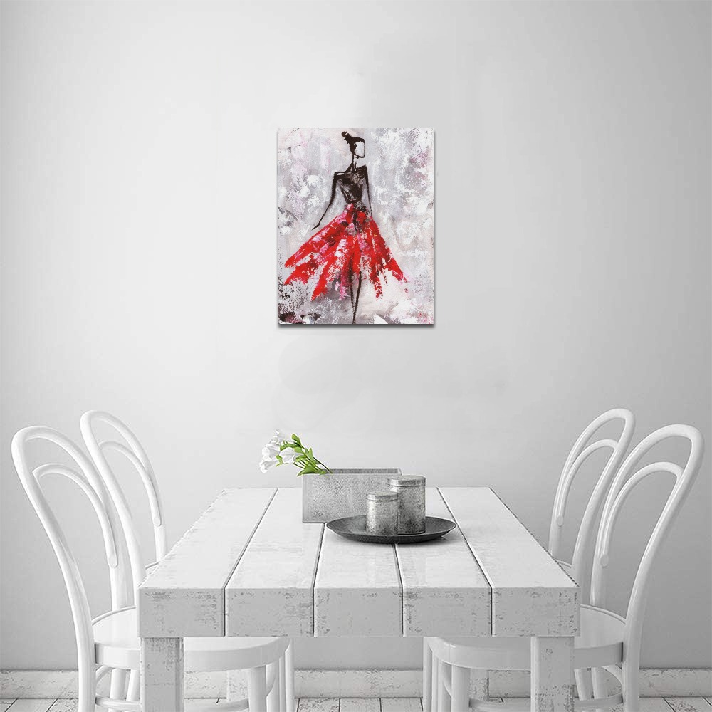16x20 inch Canvas Print, Woman in a vibrant red dress, framed wall art for home decor, bedroom.