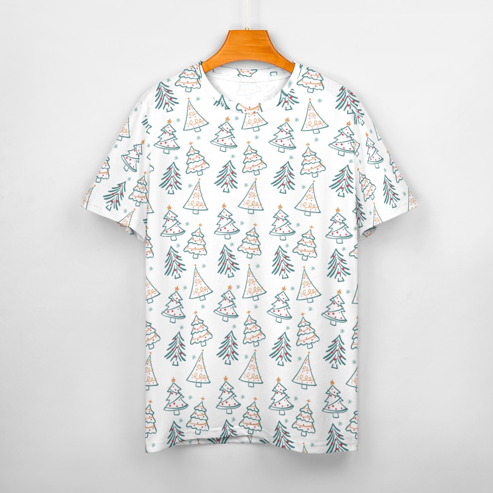 Men's white cotton t-shirt with tree pattern. Pure cotton, soft fabric, summer fashion.