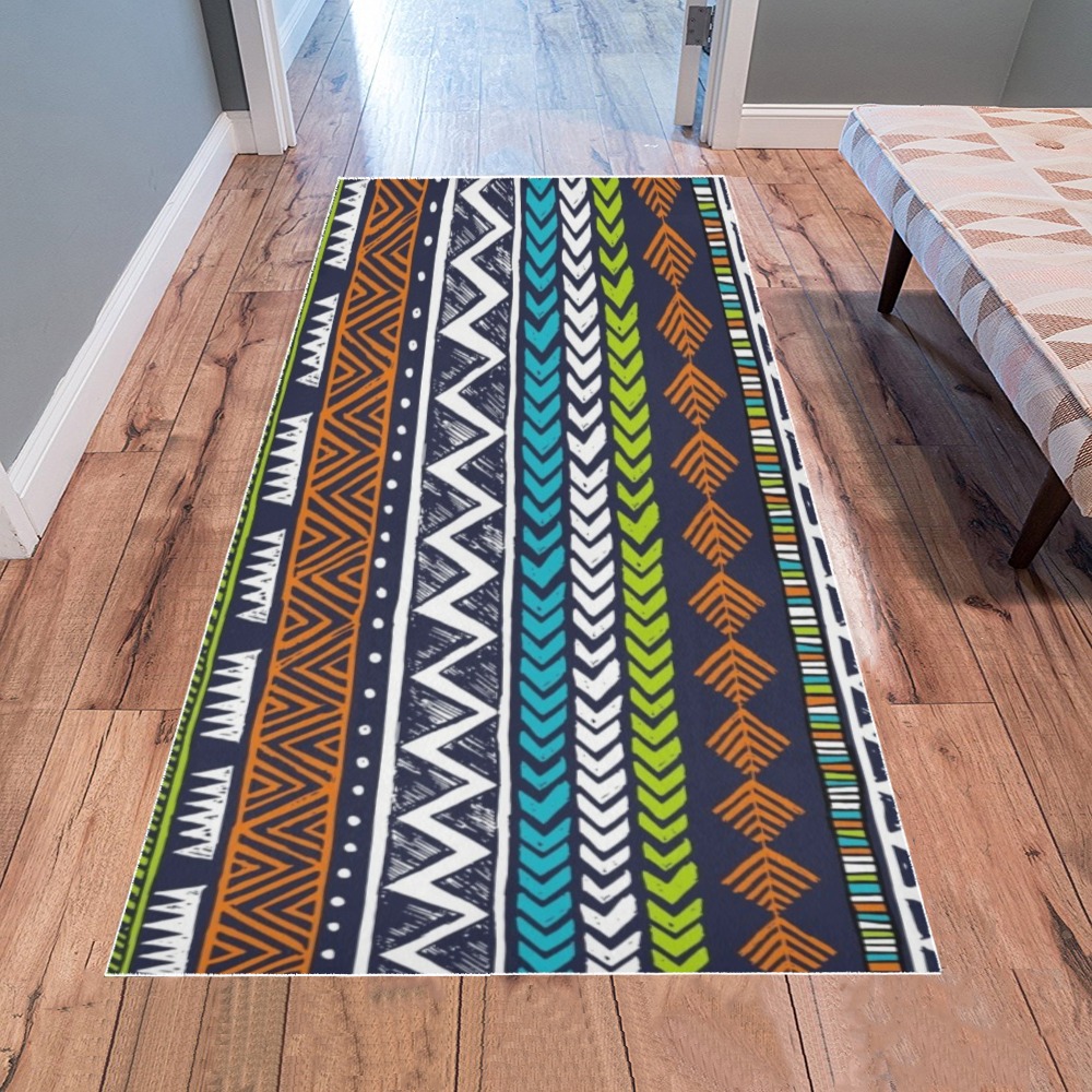 Area Rug 7' x 3.2' with colorful geometric patterns, 100% polyester, perfect for living room or bedroom.