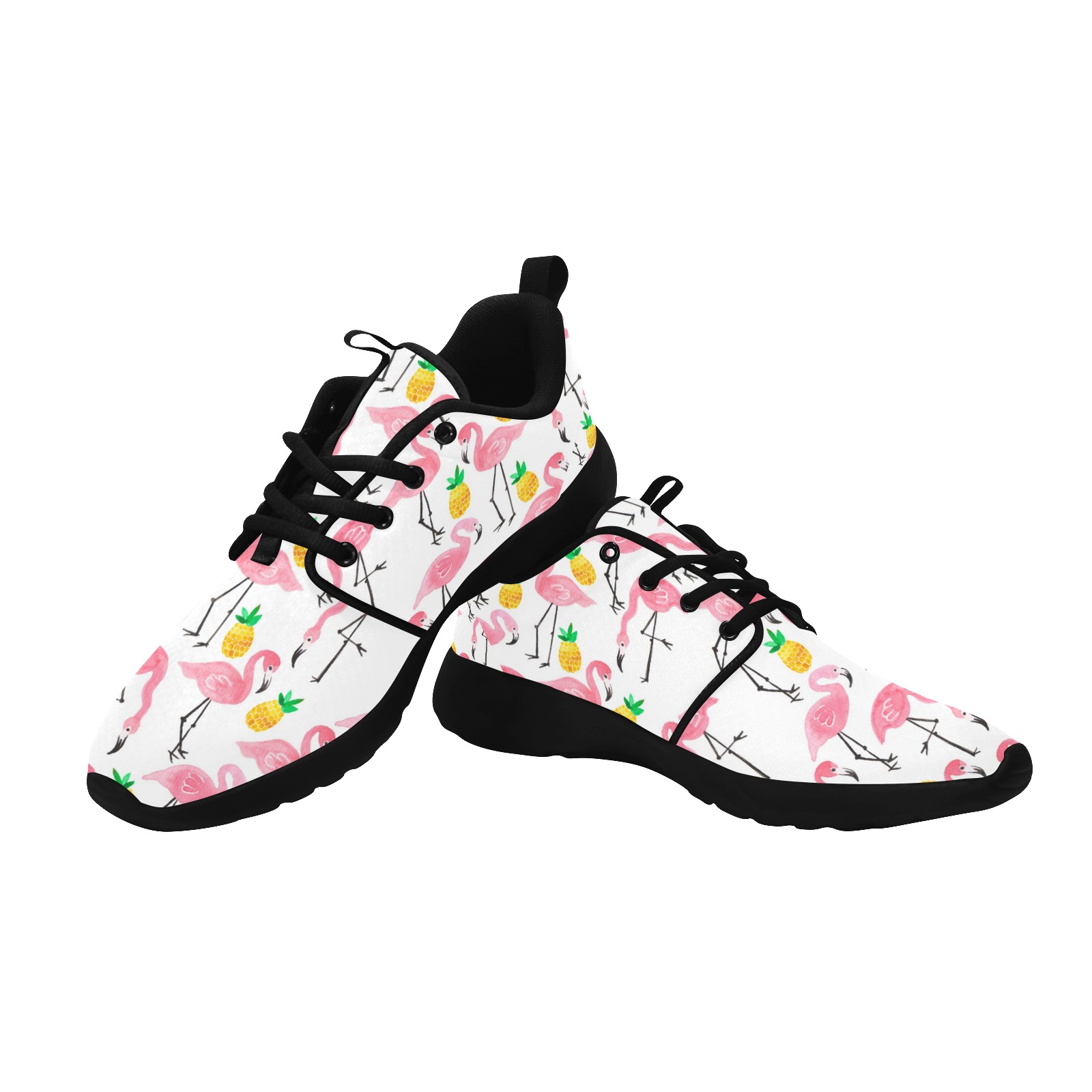 Women's Flamingo Print Pull Loop Sneakers (02001) with white mesh upper and black sole.