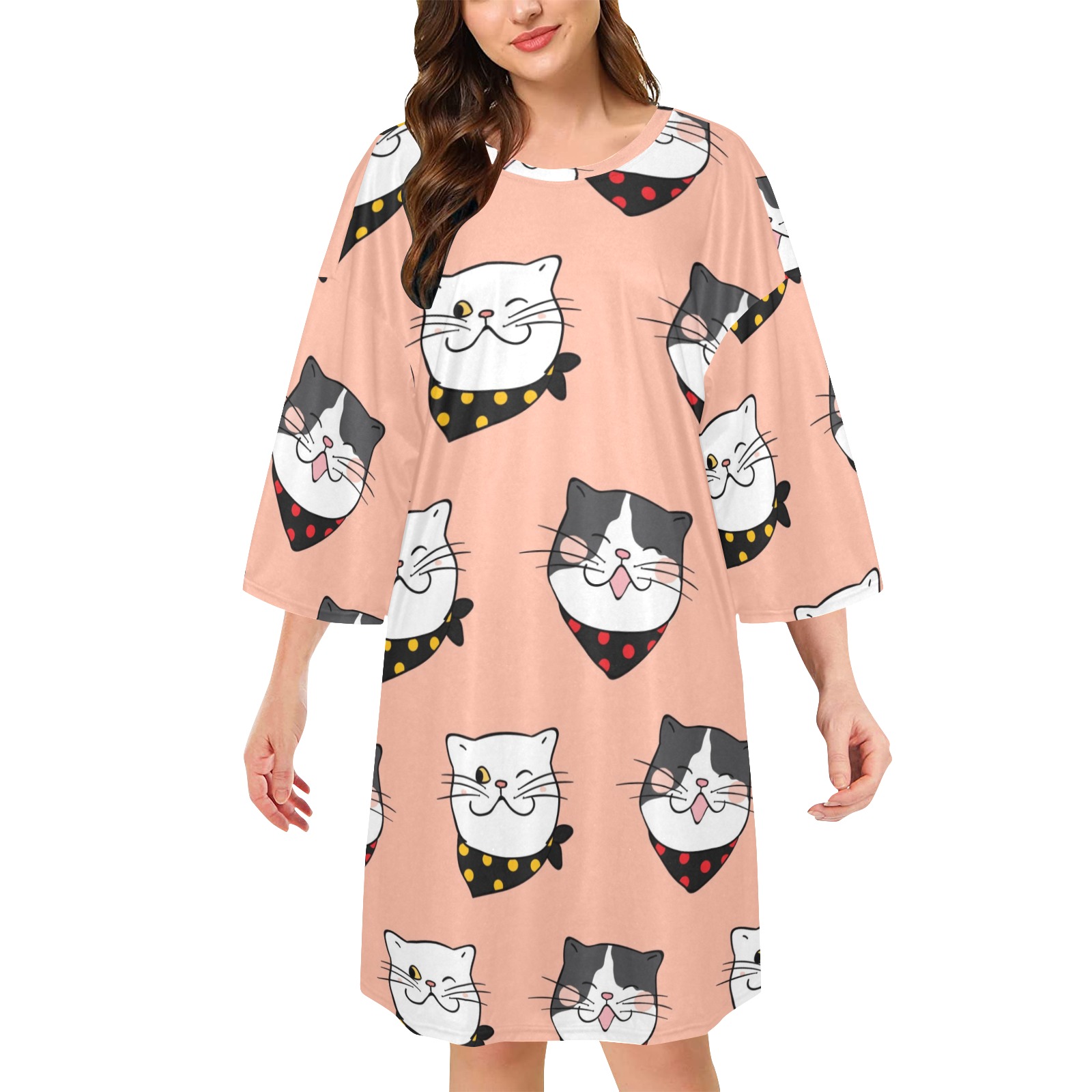 Women's Oversized Sleep Tee with cat pattern, loose fit, perfect for comfortable sleepwear or loungewear.