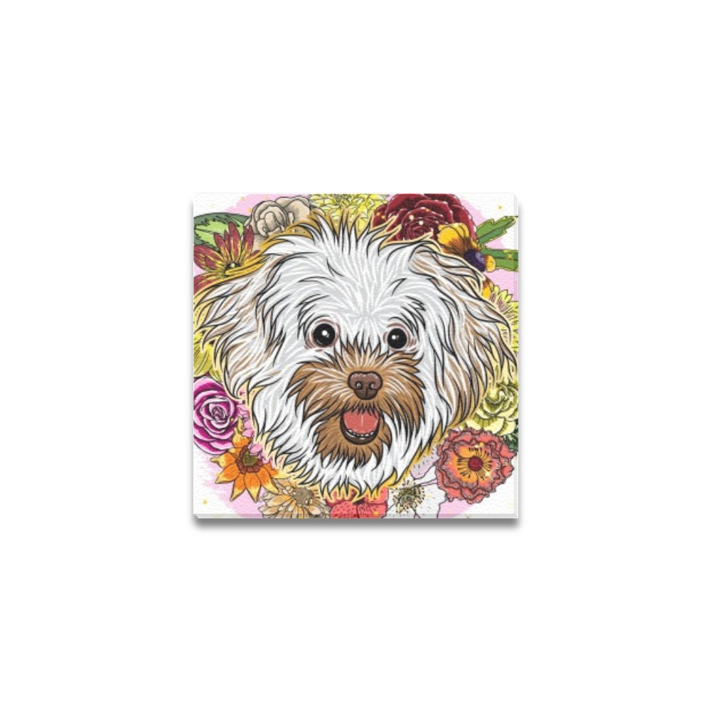4x4 inch Frame Canvas Print featuring a happy white dog portrait with floral accents, ideal for home decor and gifts.