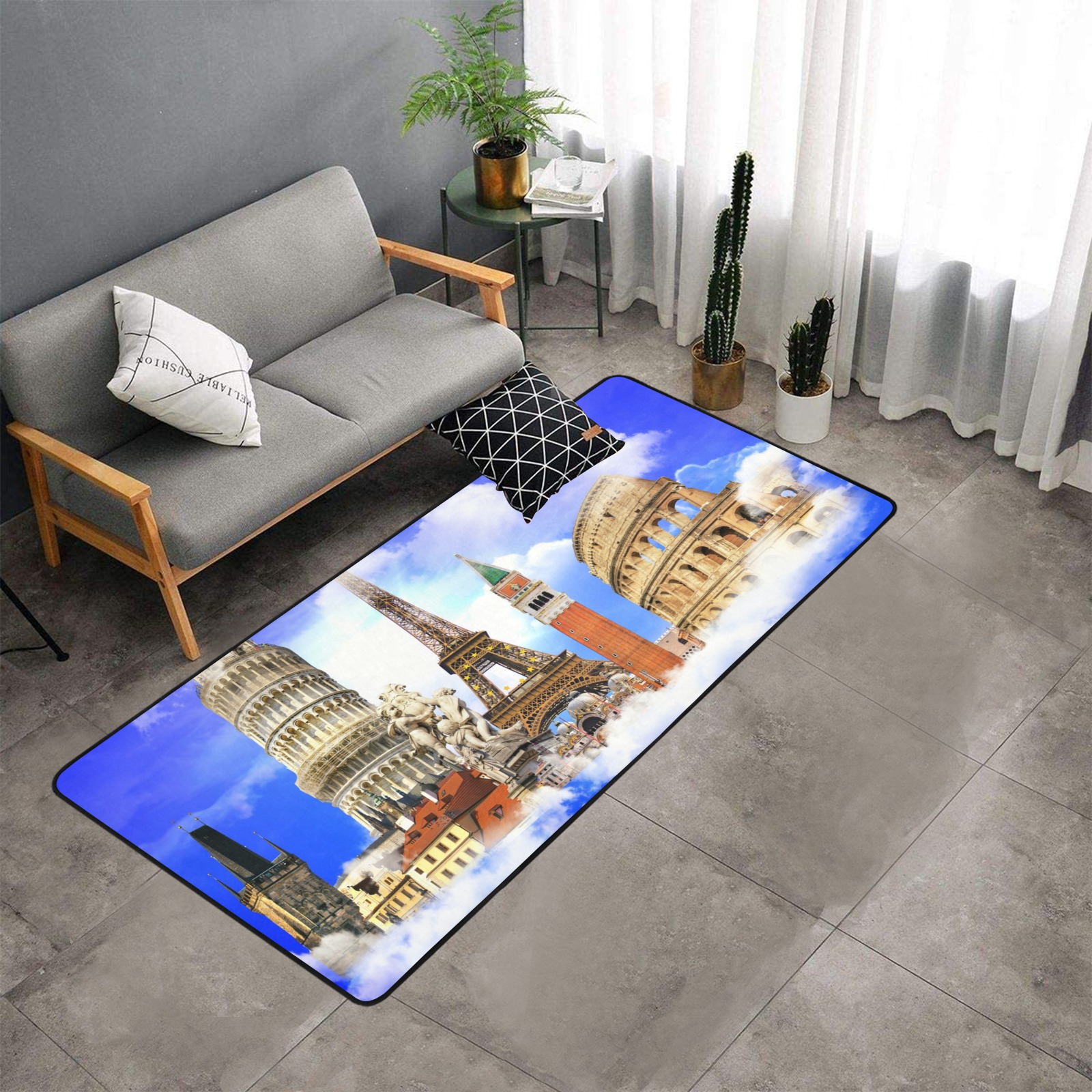 Area rug with Eiffel Tower and leaning Tower of Pisa design, black binding, 7'x3'3''
