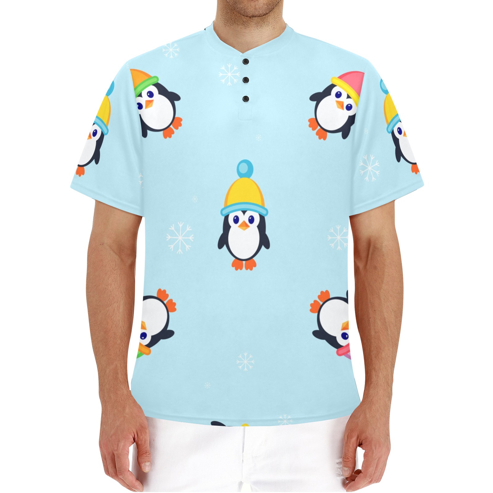 Men's Henley T-Shirt T75 with a penguin pattern, made of breathable polyester fabric.