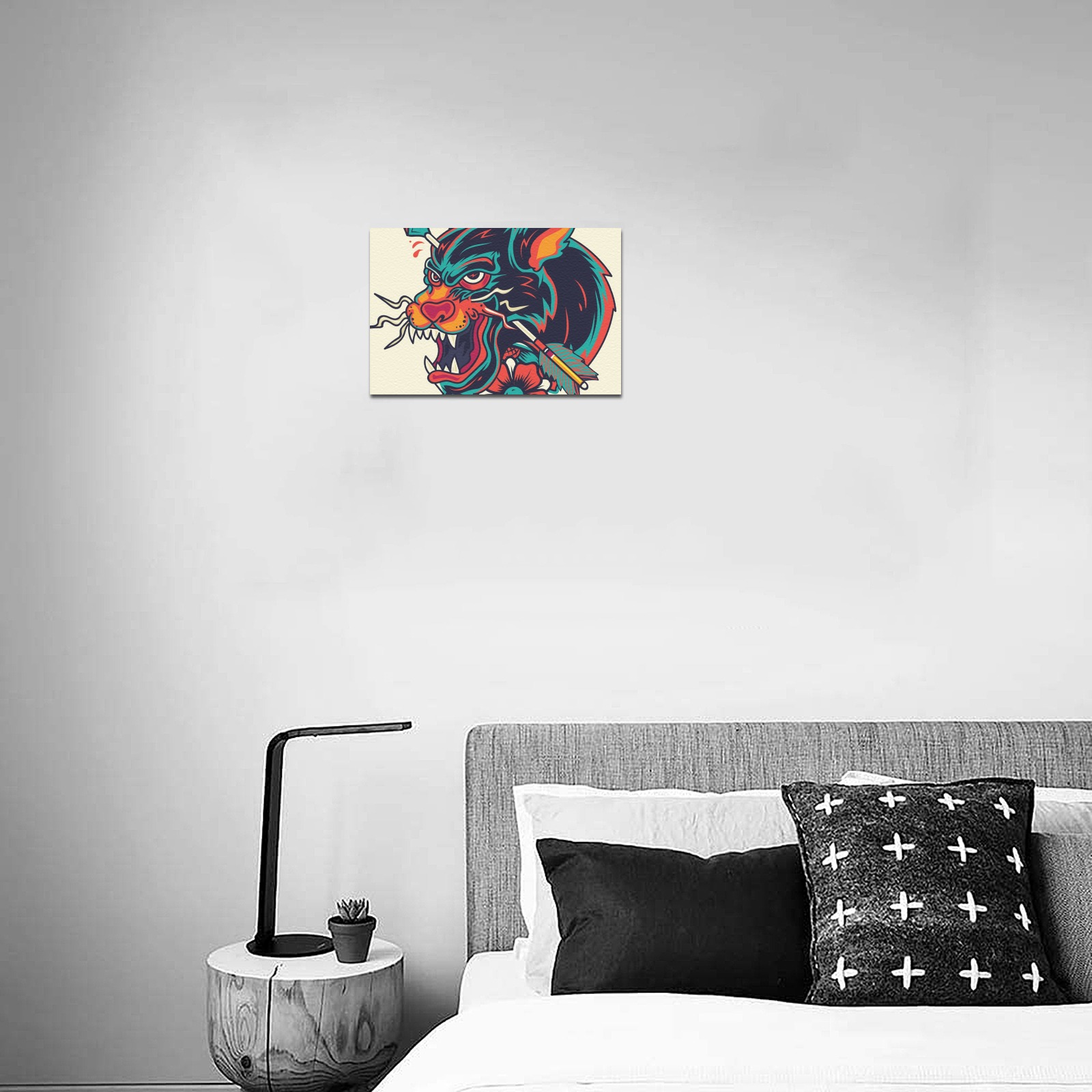 12x8 Framed Canvas Print hanging in a bedroom, featuring vibrant artwork on a cotton canvas, perfect for home decor