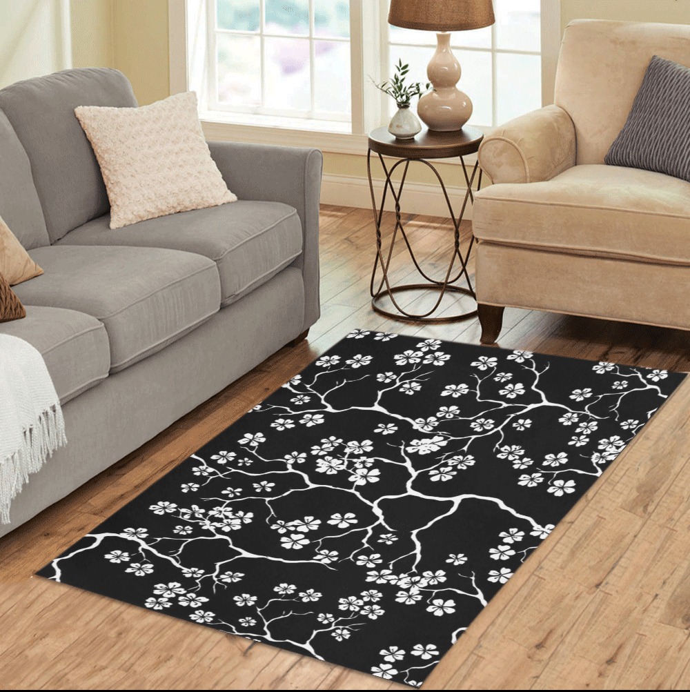 Black floral area rug 5' x 3.2' under sofas, living room decor