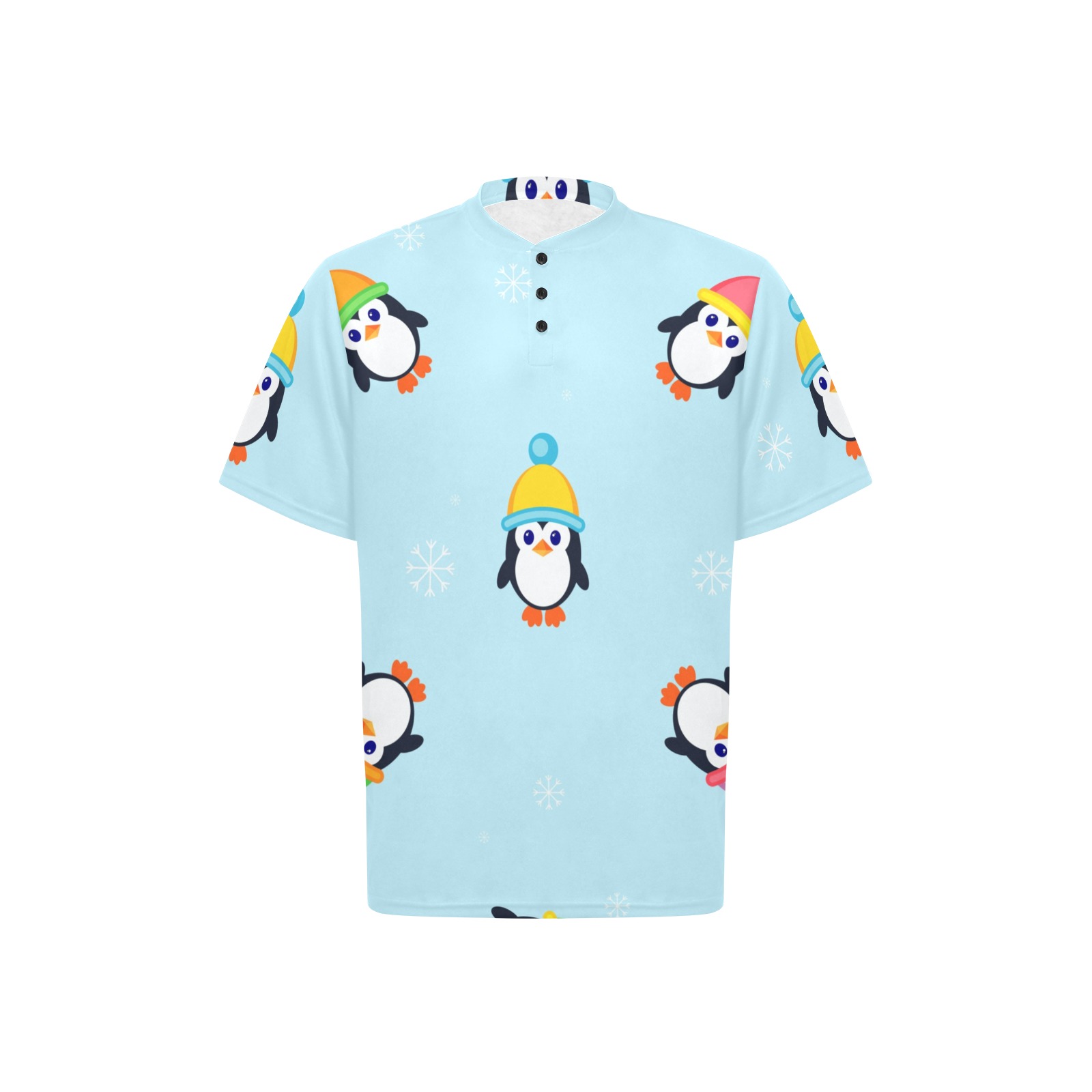 Men's Henley T-Shirt T75 with penguin pattern. Light blue polyester fabric, black buttons, and all-over print design.
