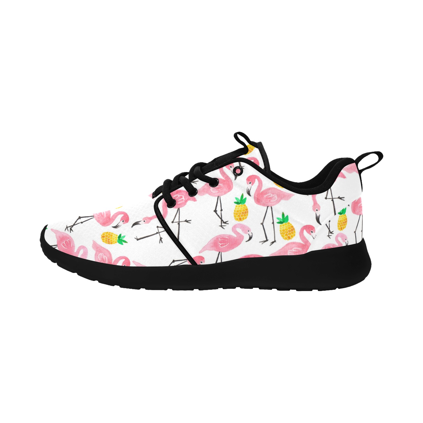 Women's flamingo print pull loop sneakers, mesh sports casual wear, black sole
