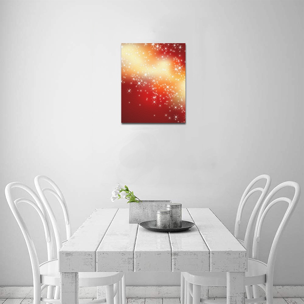 8x10 Canvas Print on a white wall above a dining table, featuring abstract red and yellow artwork, enhancing home decor.