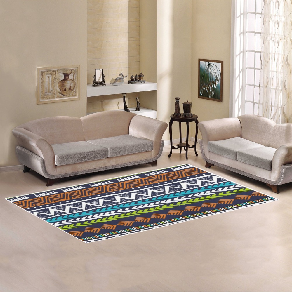 Geometric area rug in living room setting, 100% polyester