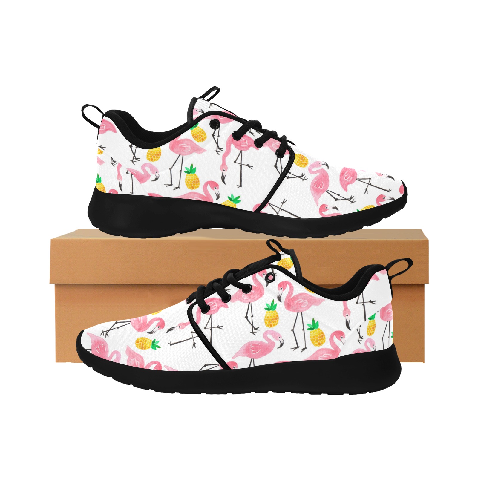 Women's Flamingo Print Pull Loop Sneakers (02001) with mesh upper, black sole, perfect for sports & casual wear.
