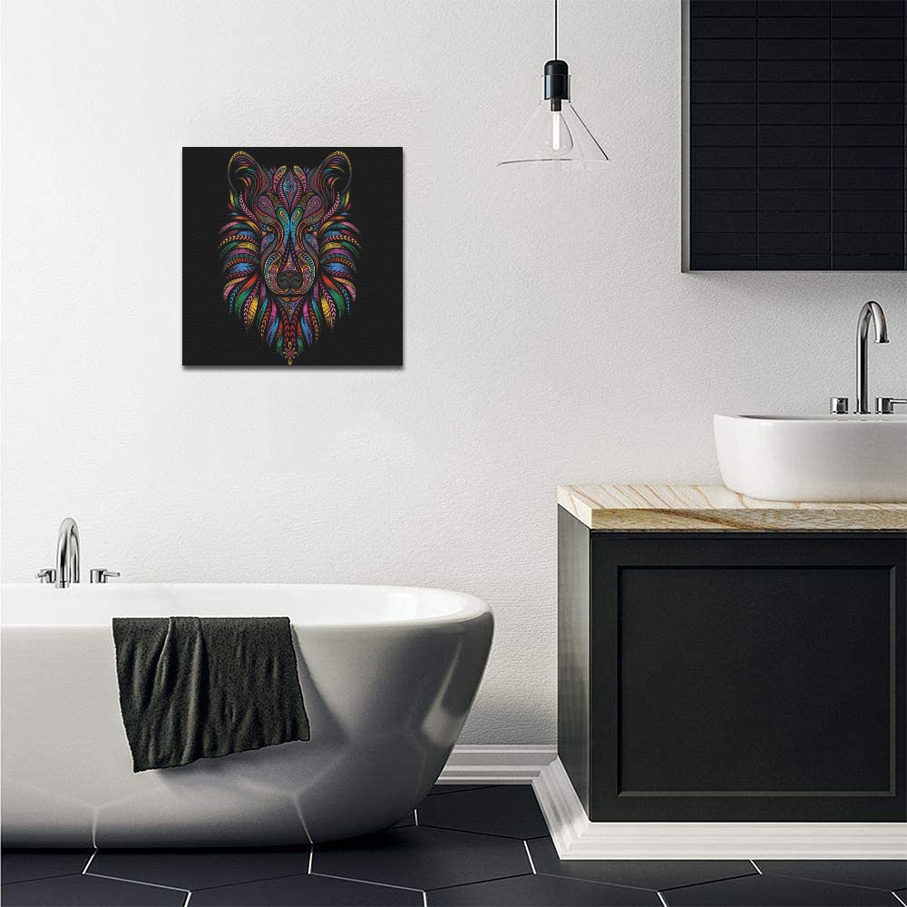 12x12 Frame Canvas Print displayed in modern bathroom, artwork visible, black frame, wall decor